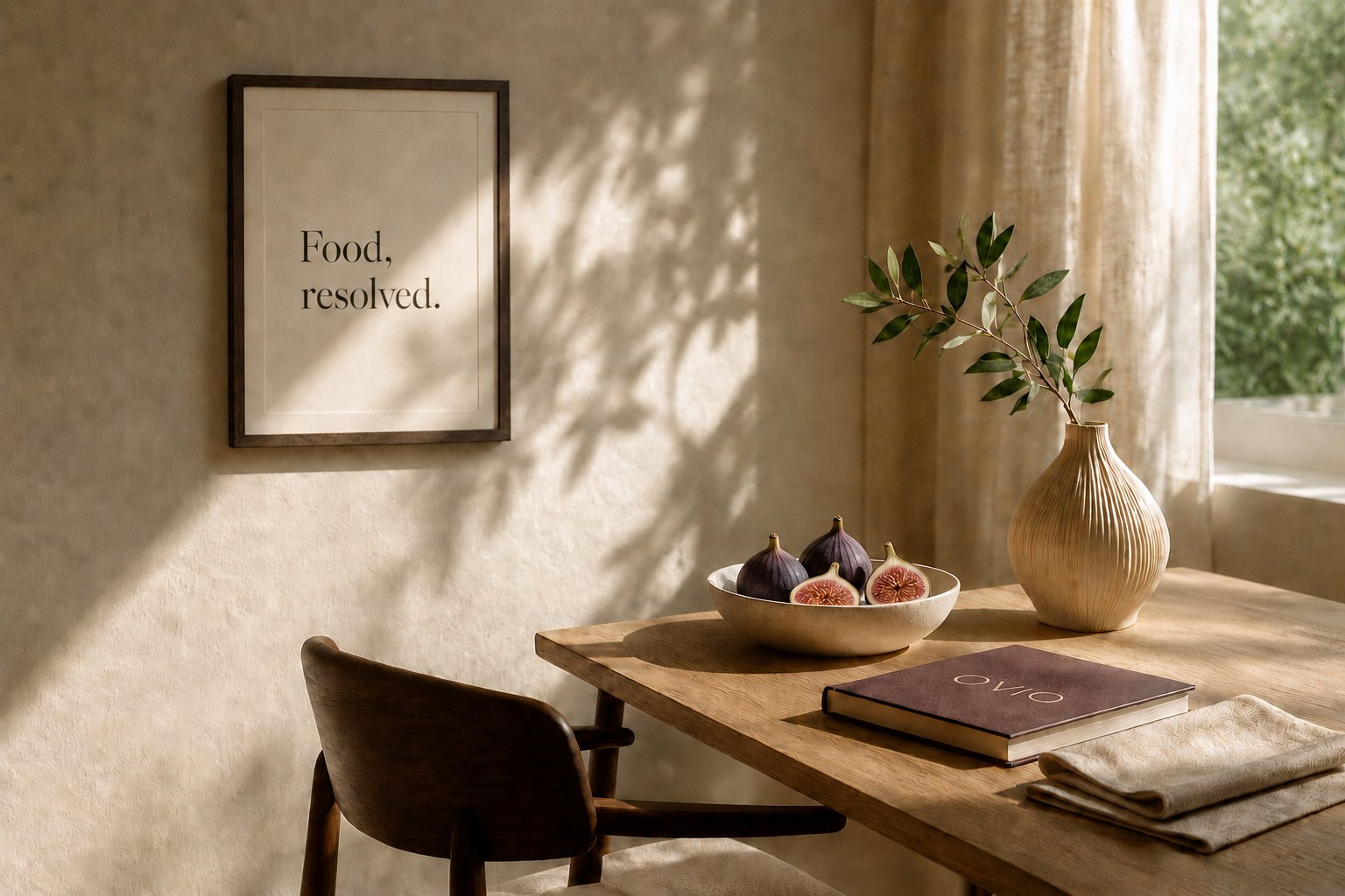 Architectural dining vignette with ceramic tableware, warm ambient lighting, and natural textures