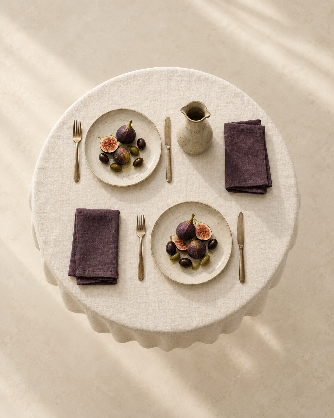 Freshly plated seasonal dish on a stoneware plate over an unadorned linen table