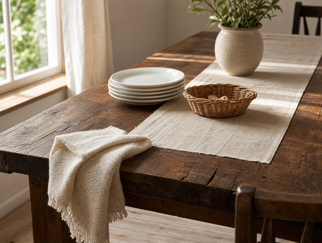 Artfully set table with stoneware plates, linen napkins, and gentle afternoon natural window light